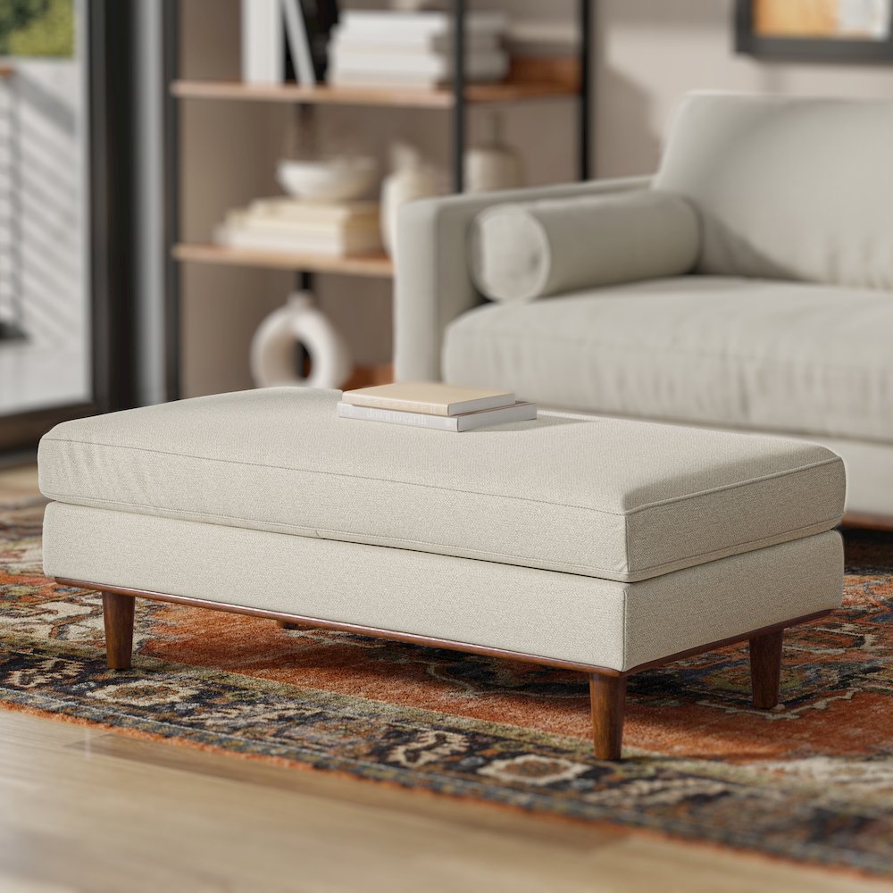 49 inch Wide Mid-Century Modern Table Ottoman in Cream White Woven-Blend Fabric. Picture 5