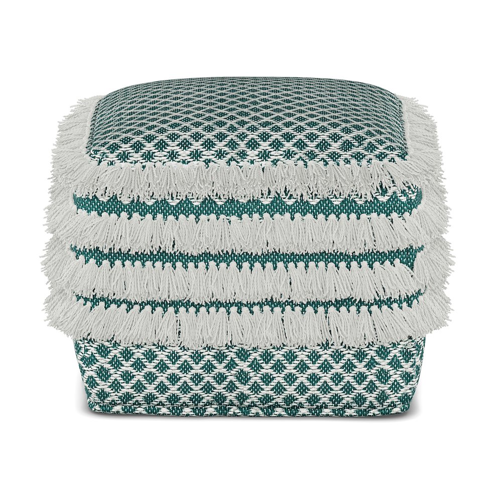 Leah Square Woven Outdoor Pouf in Turquoise and White Recycled PET Polyester. Picture 2