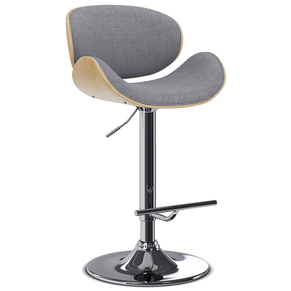 Marana Bentwood Adjustable Swivel Bar Stool In Light Grey Polyester Linen. Picture 1