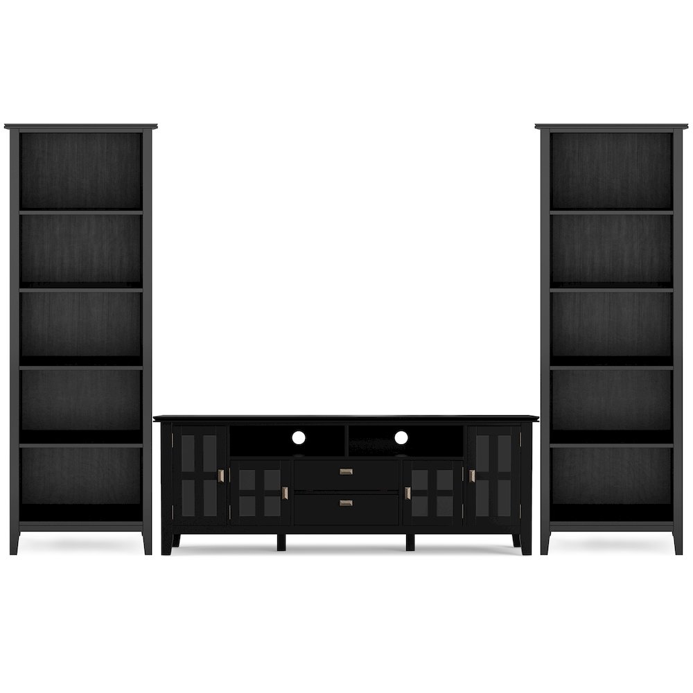 72"W TV Stand with Two 26"W 5 Shelf Bookcases in Black (Set of 3). Picture 1