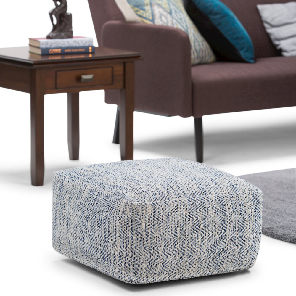 Nate Square Pouf In Patterned Denim Melange Cotton. Picture 5