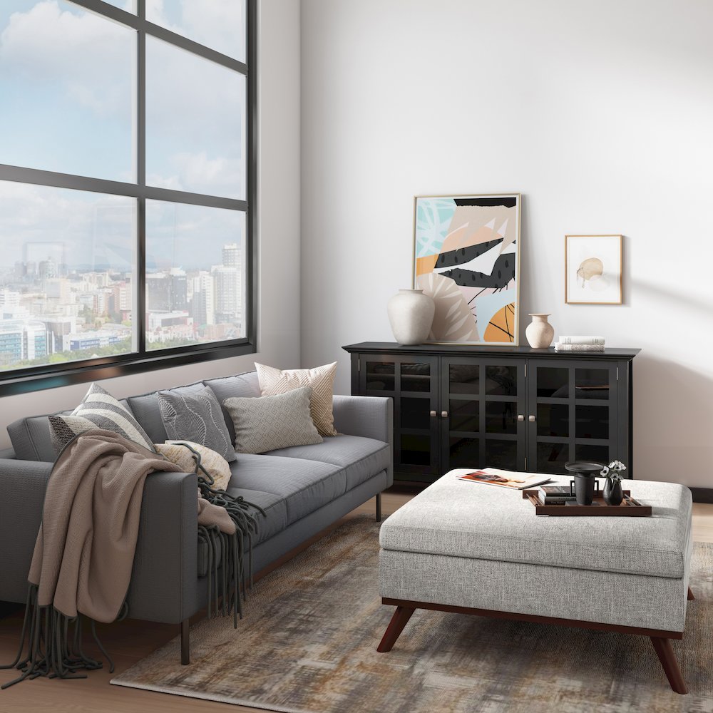 Owen Square Coffee Table Storage Ottoman In Cloud Grey Polyester Fabric. Picture 5