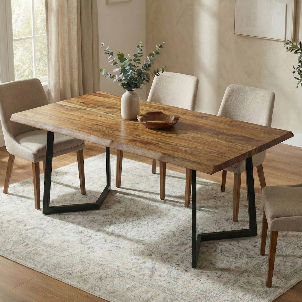 Watkins Solid Mango Wood Dining Table With Inverted Metal Base In Light Brown. Picture 2
