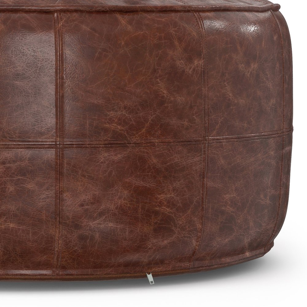 Connor 34 Inch Round Coffee Table Pouf In Distressed Brown Genuine Leather. Picture 4