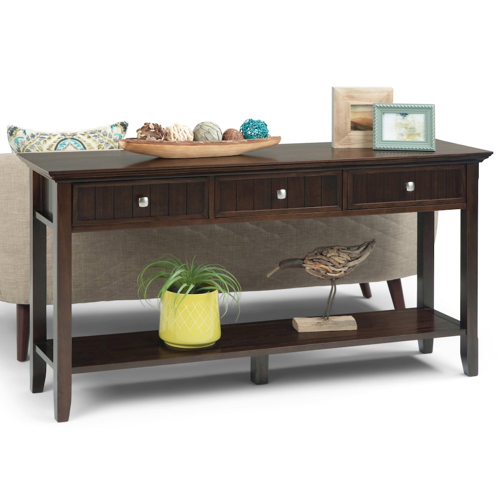 Acadian Solid Wood Wide Console Sofa Table In Brunette Brown. Picture 5
