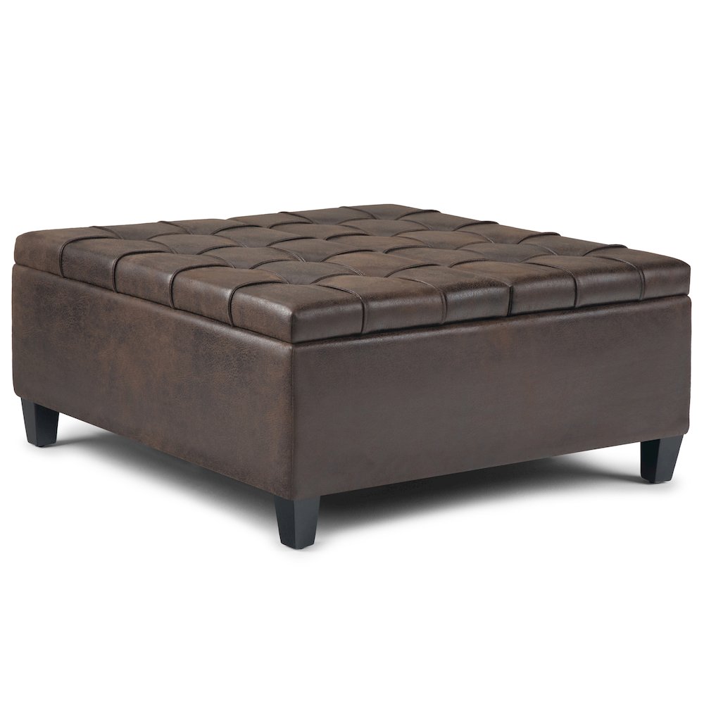Harrison Coffee Table Storage Ottoman In Distressed Brown Vegan Faux Leather. Picture 1