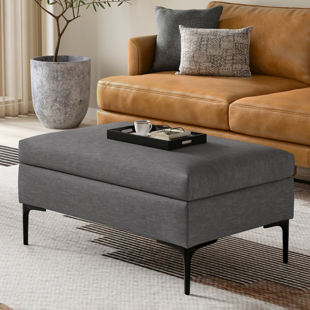 Coffee Table Storage Ottoman With Lift Up Lid In Slate Grey Polyester Linen Look. Picture 7
