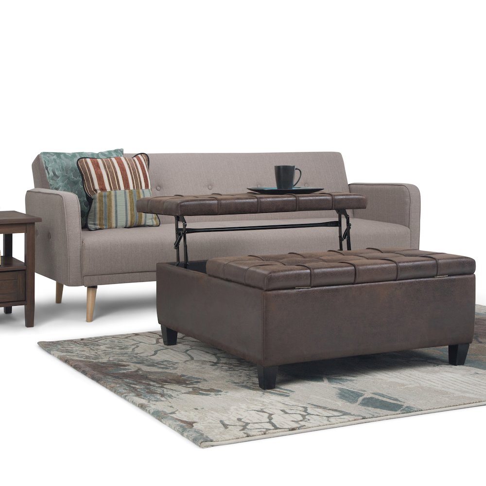 Harrison Coffee Table Storage Ottoman In Distressed Brown Vegan Faux Leather. Picture 5