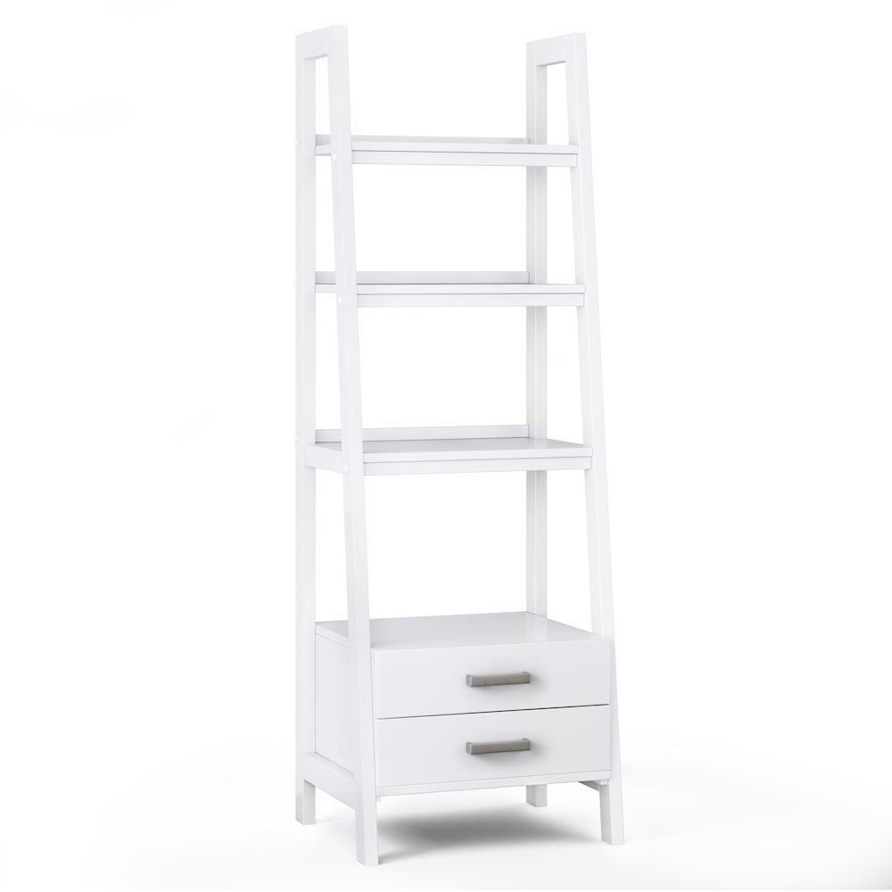 Sawhorse Solid Wood Ladder Shelf With Storage In White. Picture 1
