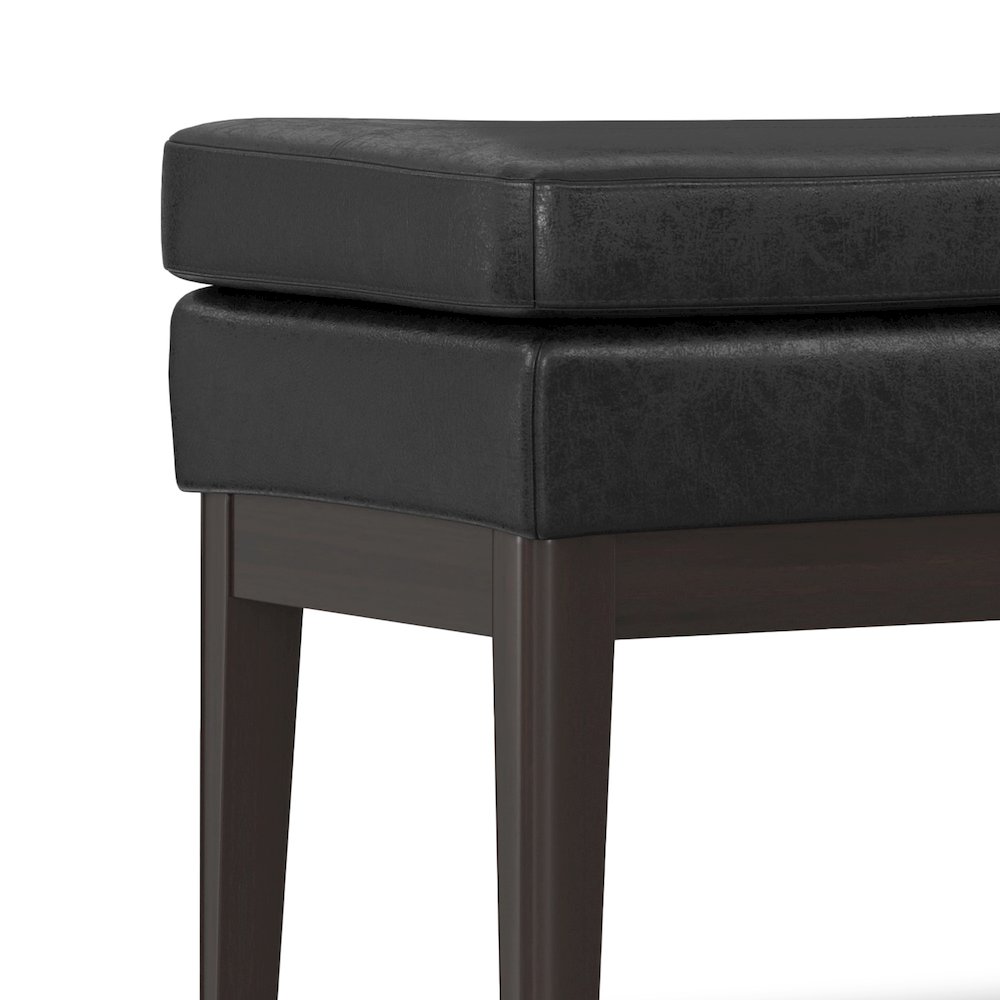 45 Inch Wide Mid Century Ottoman Bench In Distressed Black Vegan Faux Leather. Picture 2