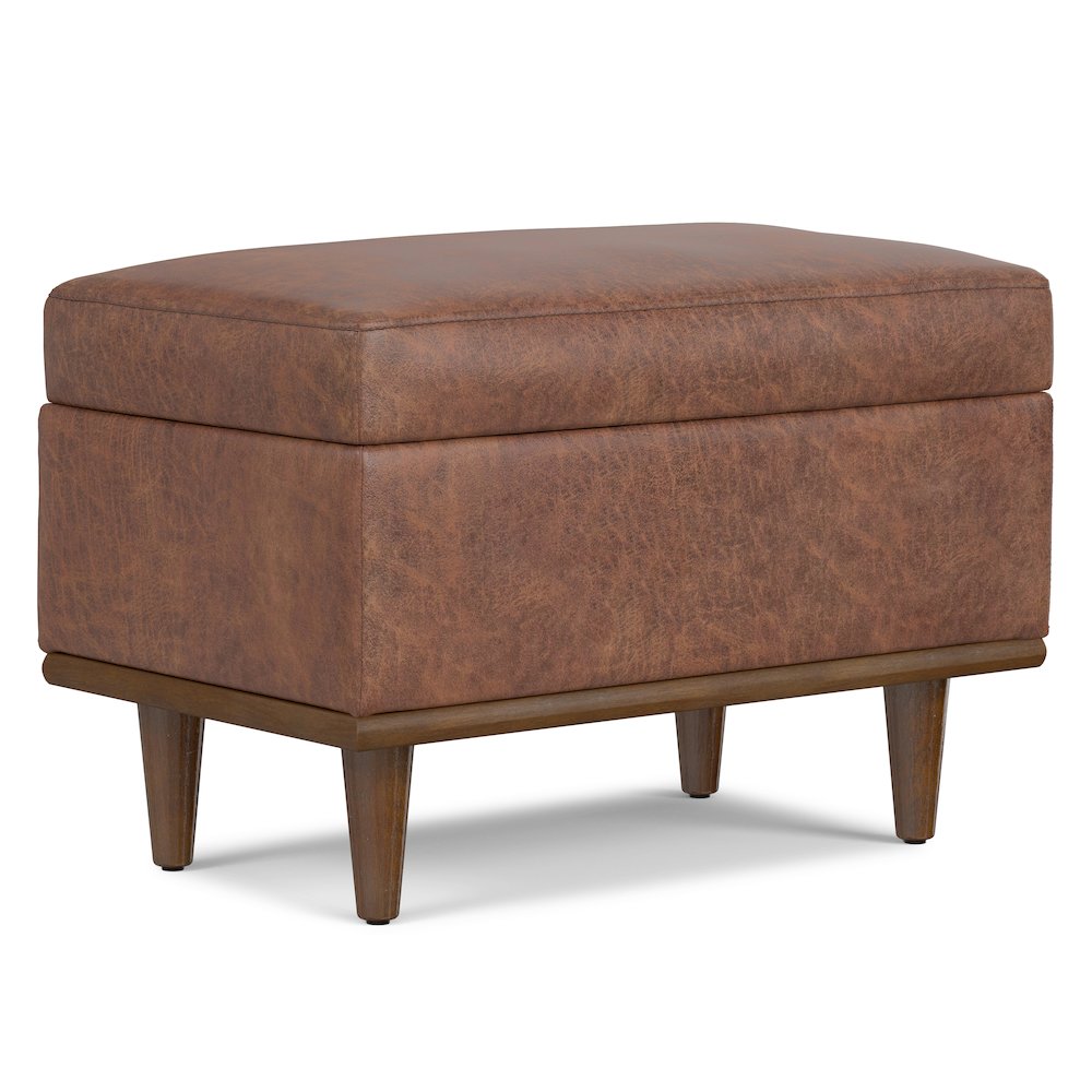 Small Storage Ottoman In Distressed Saddle Brown Vegan Faux Leather. Picture 1