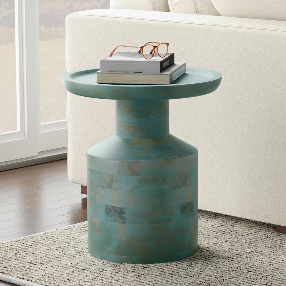Haynes 16 Inch Wide Solid Mango Boho Accent Table In Teal Wash. Picture 7