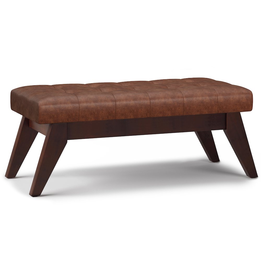 Draper Solid Wood Mid Century Tufted Ottoman Bench In Distressed Saddle Brown. Picture 1