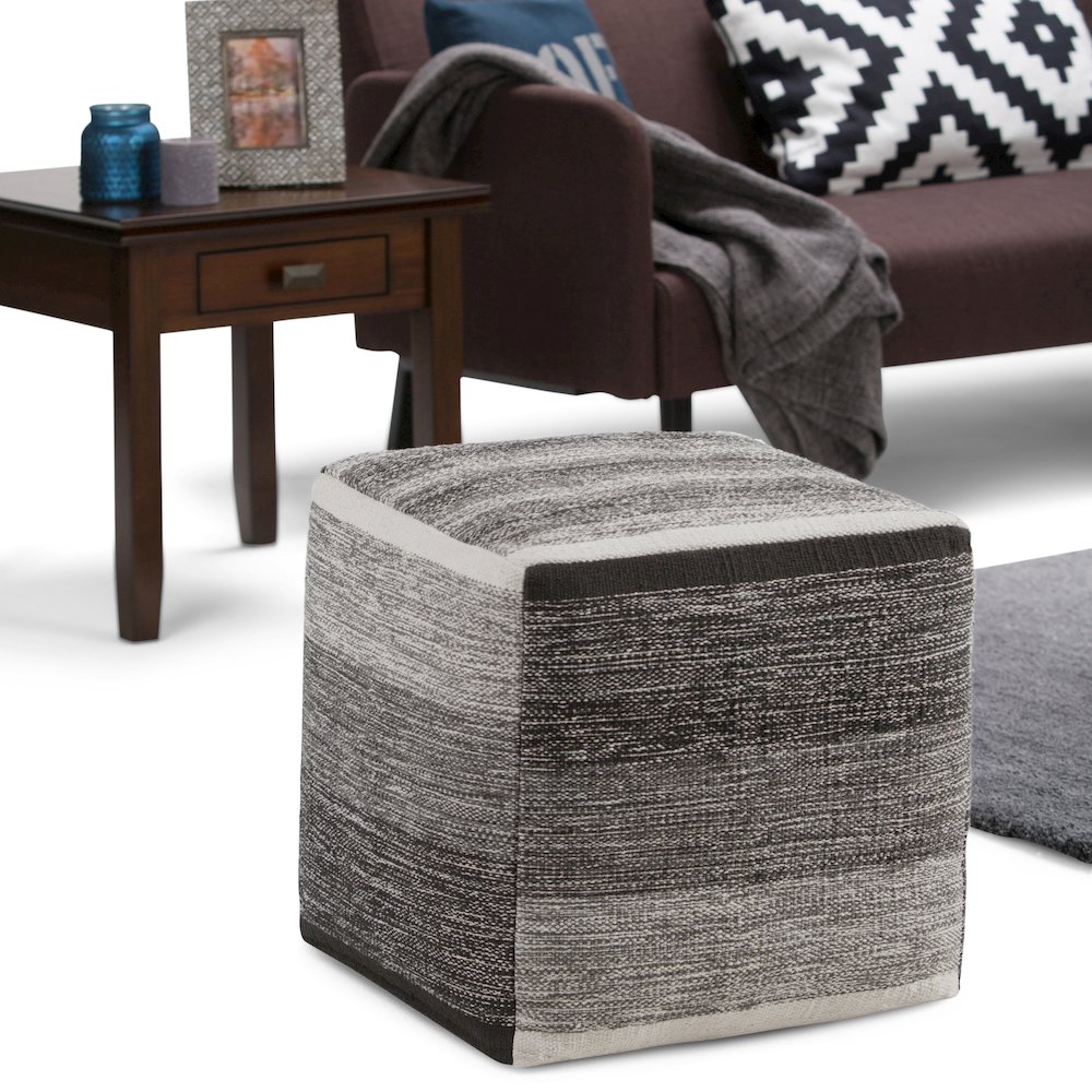 Naya Cube Pouf In Patterned Grey Melange Cotton. Picture 5