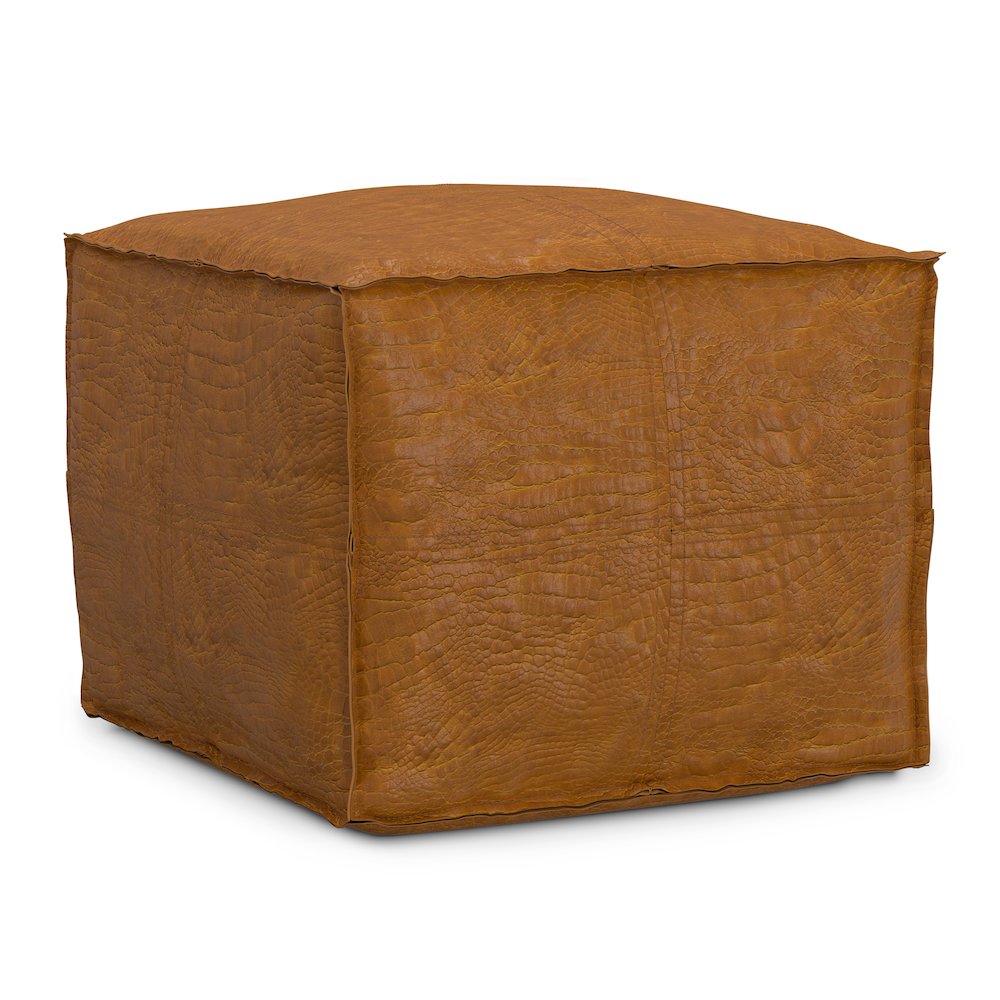 Brody 18 inch Wide Boho Square Pouf in Tan Genuine Leather. Picture 1