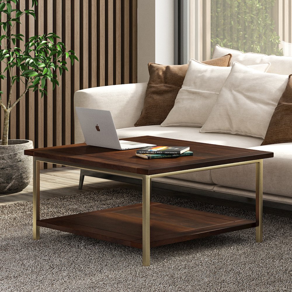 Skyler SOLID MANGO WOOD Square Coffee Table in Dark Brown / Gold. Picture 6