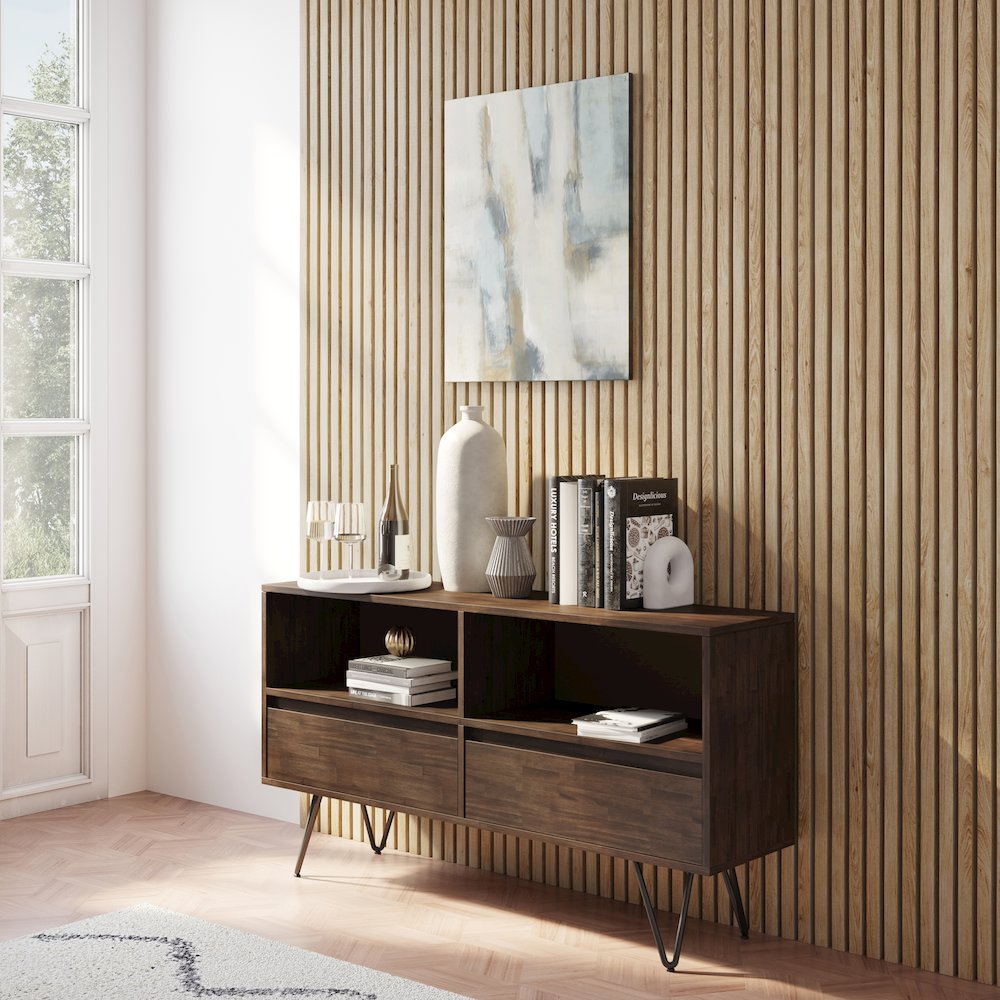 Chase Solid Acacia Wood Low Bookcase In Rustic Natural Aged Brown. Picture 5