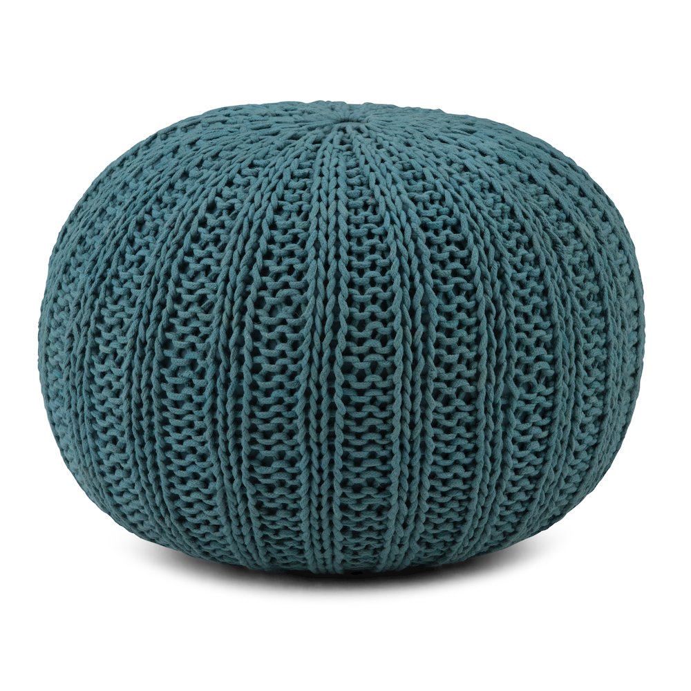 Shelby Hand Knit Round Pouf In Teal Cotton. Picture 1