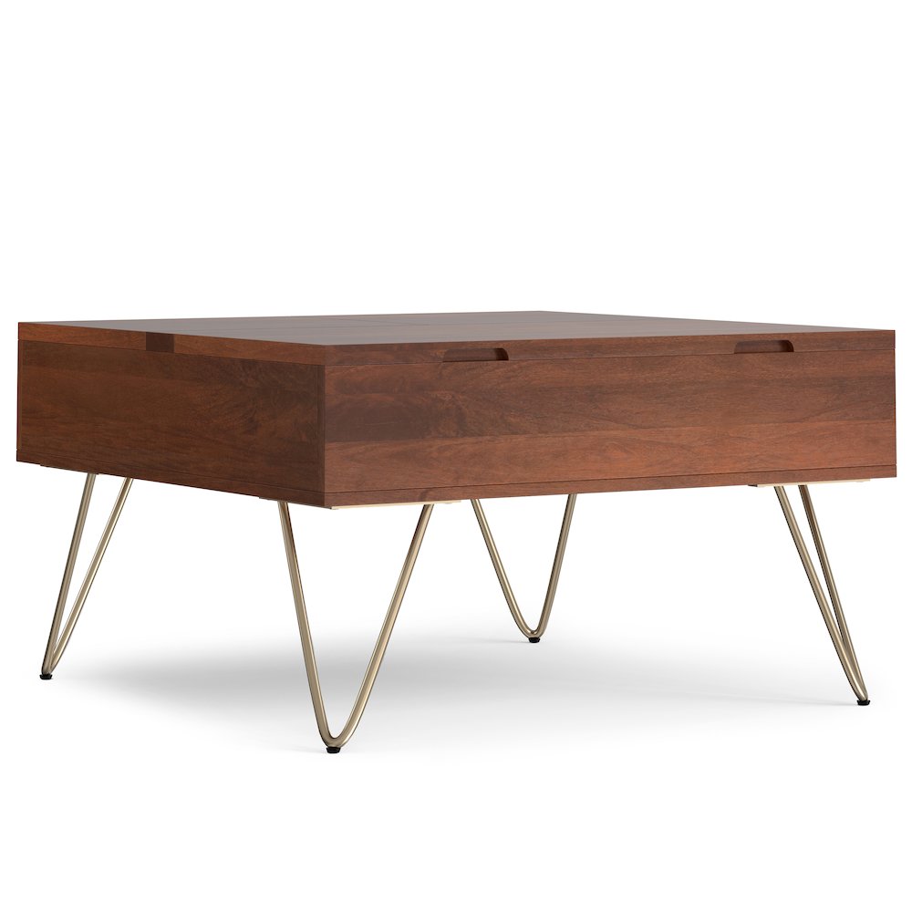Hunter Solid Mango Wood Lift Top Square Coffee Table In Umber Brown, Gold. Picture 3