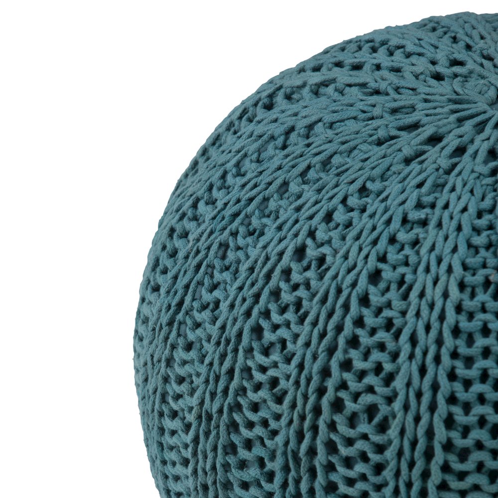 Shelby Hand Knit Round Pouf In Teal Cotton. Picture 4