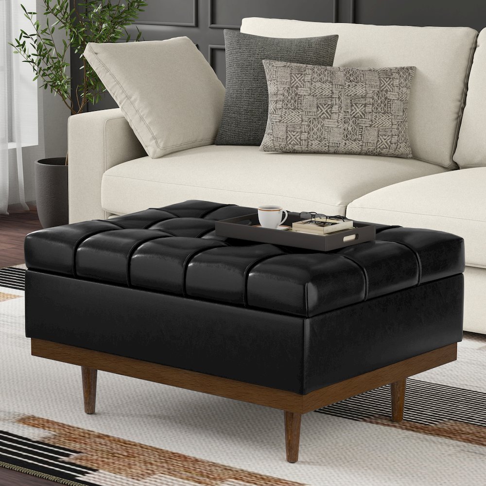 Mariah Coffee Table Storage Ottoman in Midnight Black  PU Black faux leather. Picture 2
