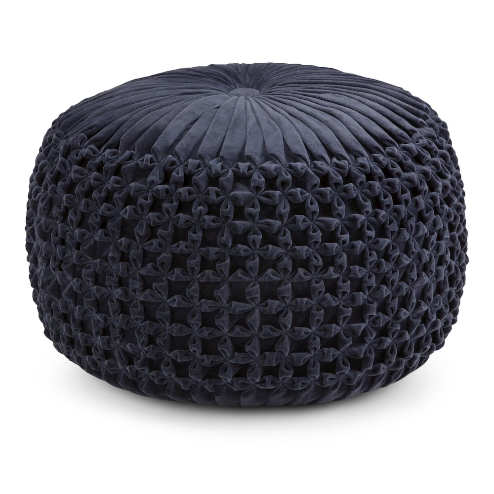 Renee Round Pouf In Navy Velvet Fabric. Picture 1