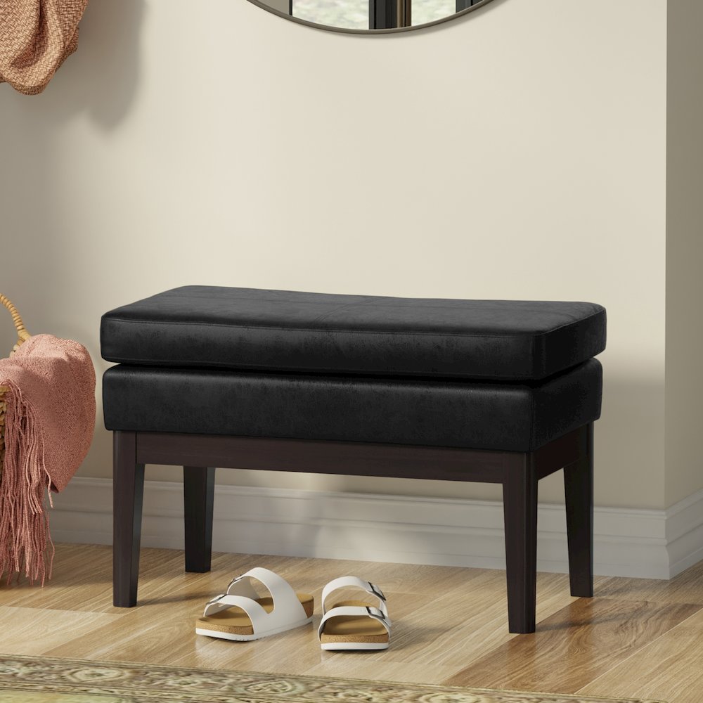 Mid Century Small Ottoman Bench In Distressed Black Vegan Faux Leather. Picture 6