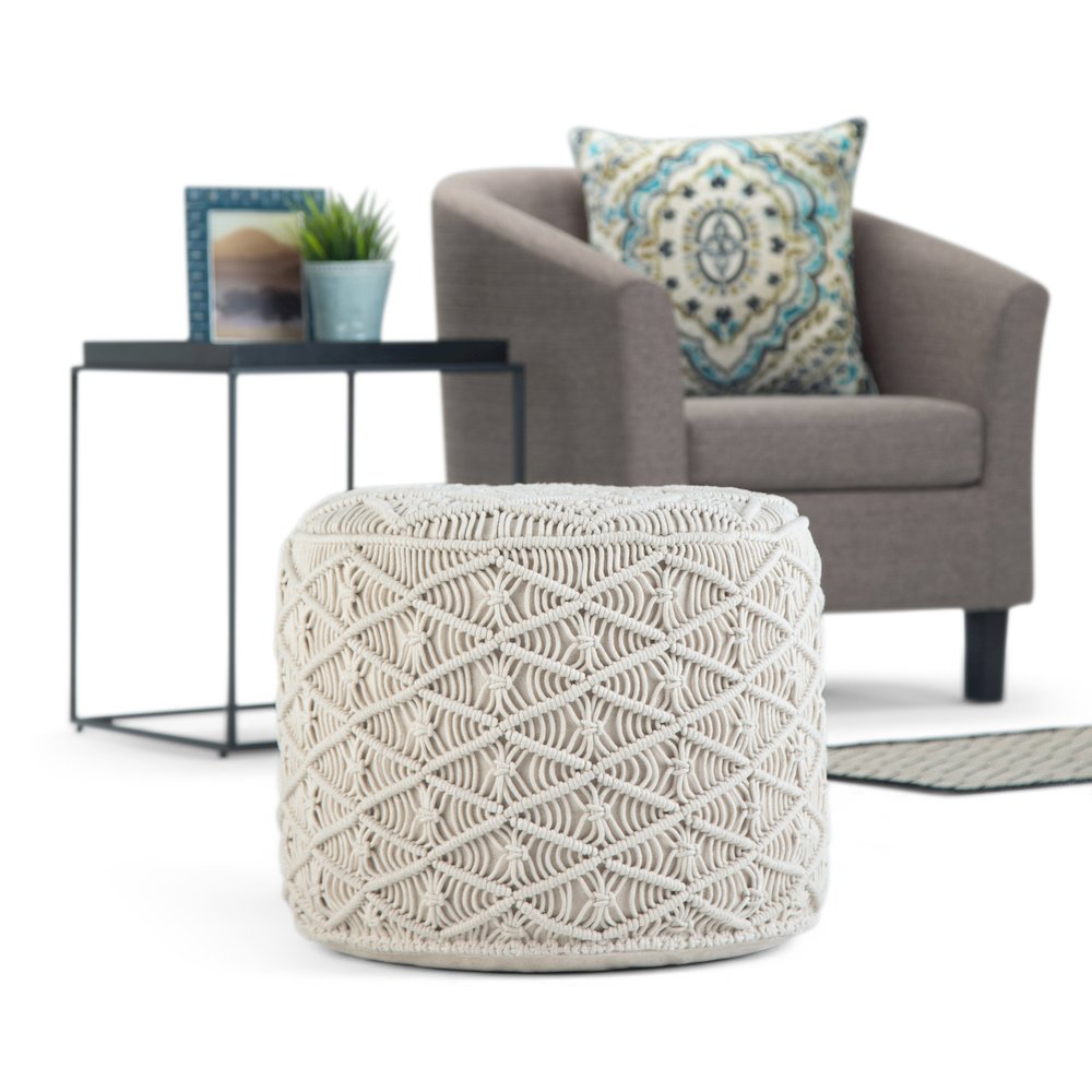 Coates Round Macrame Pouf In Natural Cotton. Picture 5