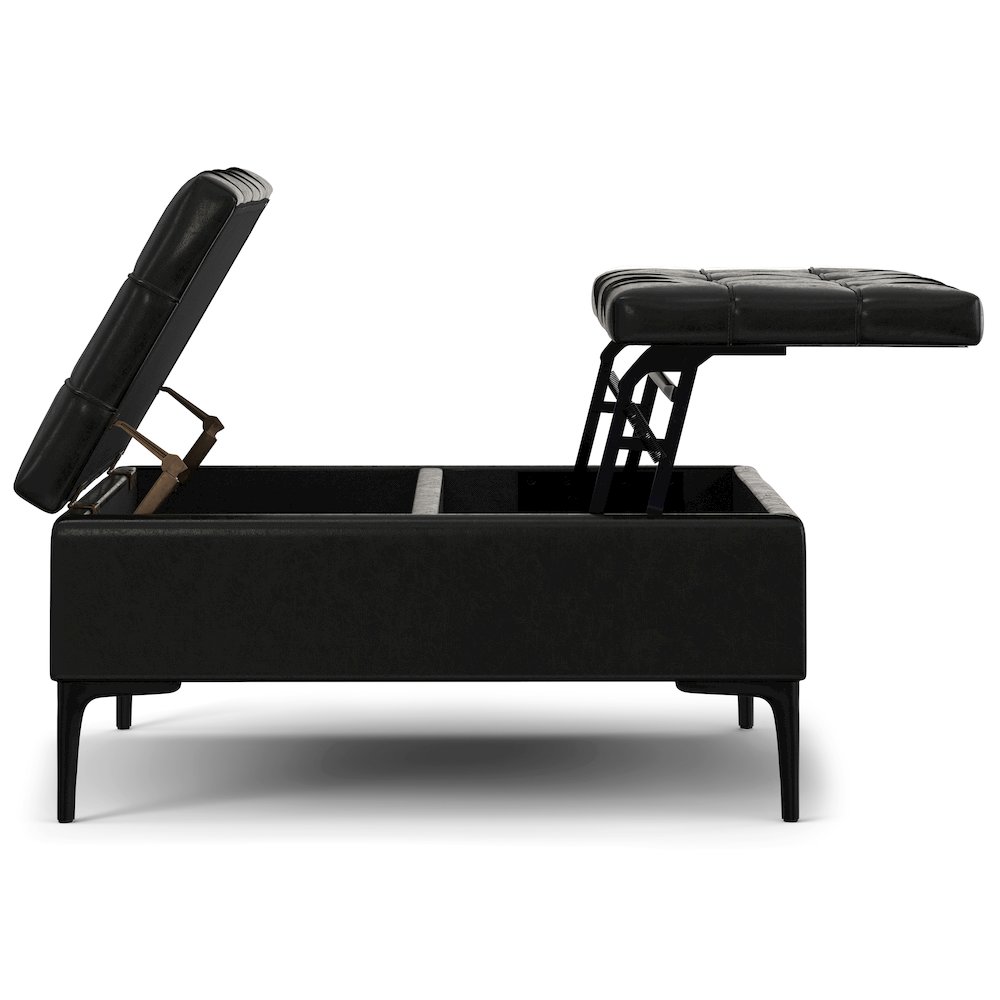 Laura Mid Century Lift Top Storage Ottoman in Midnight Black Vegan Faux Leather. Picture 3