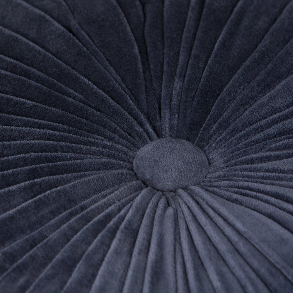 Renee Round Pouf In Navy Velvet Fabric. Picture 4