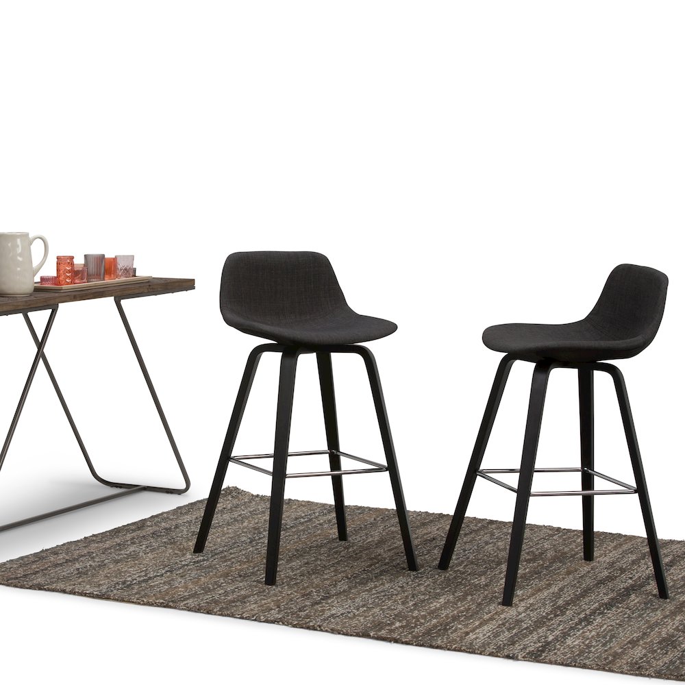 Counter Height Stool (Set Of 2) In Charcoal Grey, Black Linen Look Fabric. Picture 5