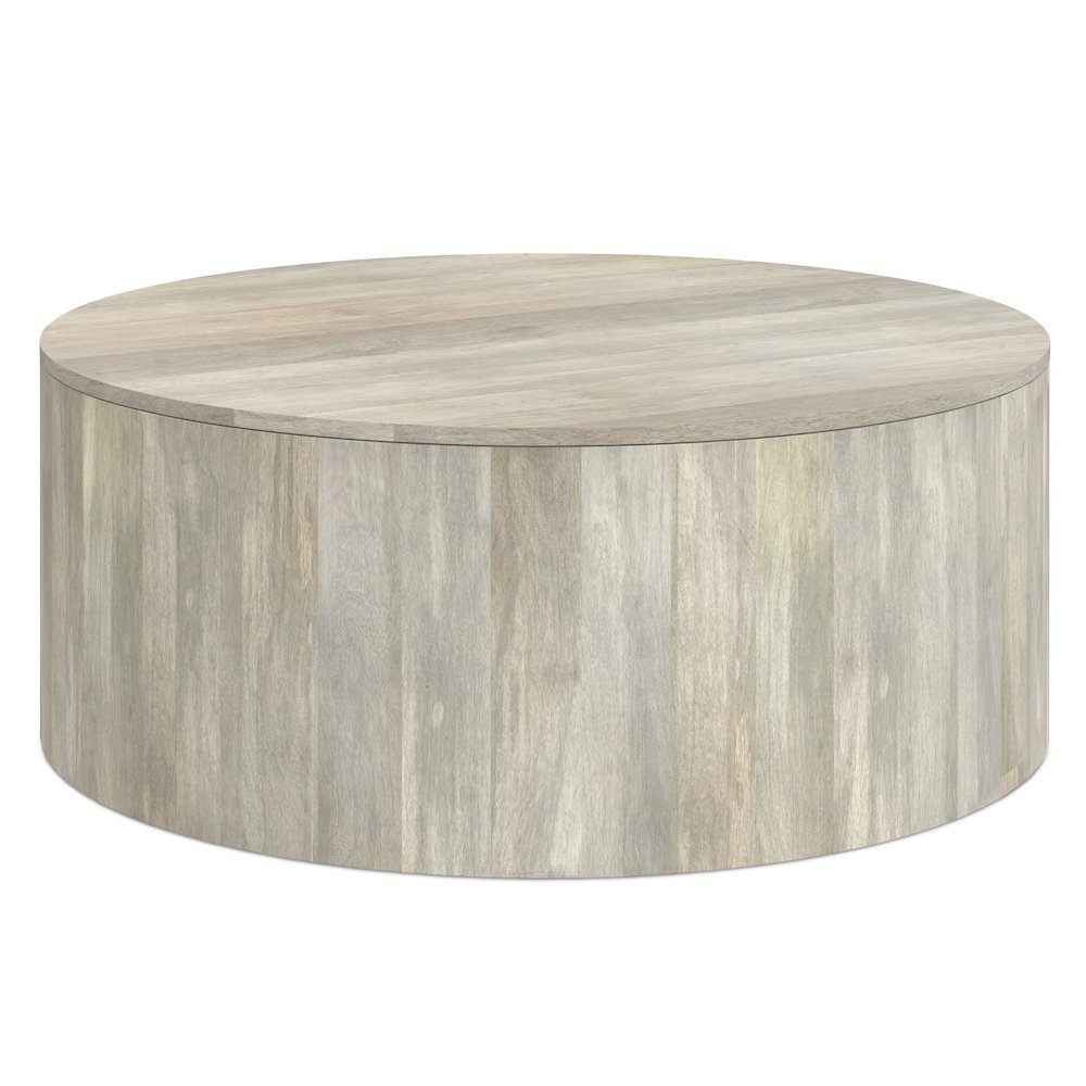 Solid Mango Wood 36 Inch Wide Round Contemporary Drum Coffee Table In White Wash. Picture 2