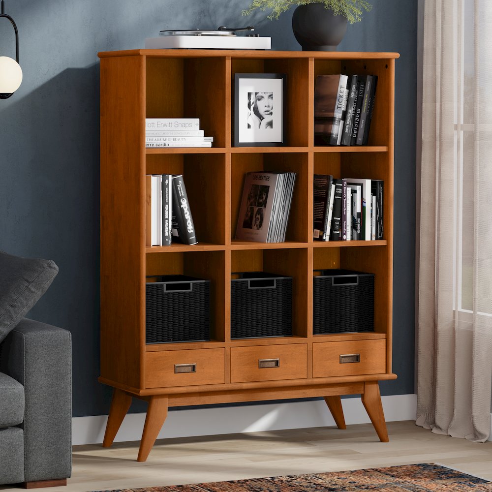 Draper 42 inch Wide Solid Hardwood Mid-Century Storage Bookcase in Teak Brown. Picture 6