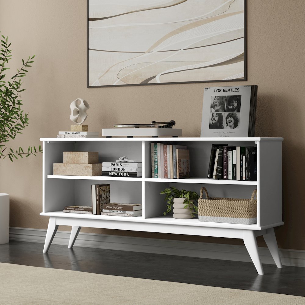 Draper Solid Hardwood 30 Inch X 64 Inch Mid Century Modern Low Bookcase In White. Picture 7