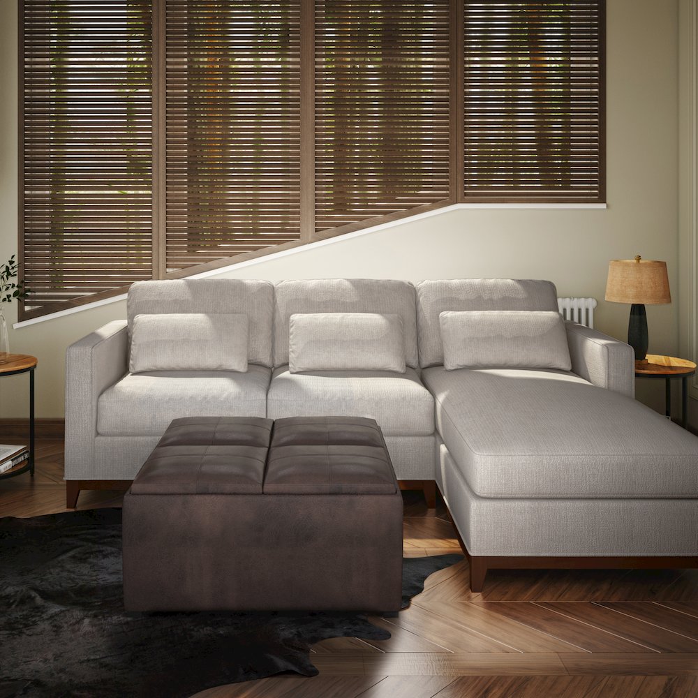 Coffee Table Storage Ottoman In Distressed Brown Vegan Faux Leather. Picture 5
