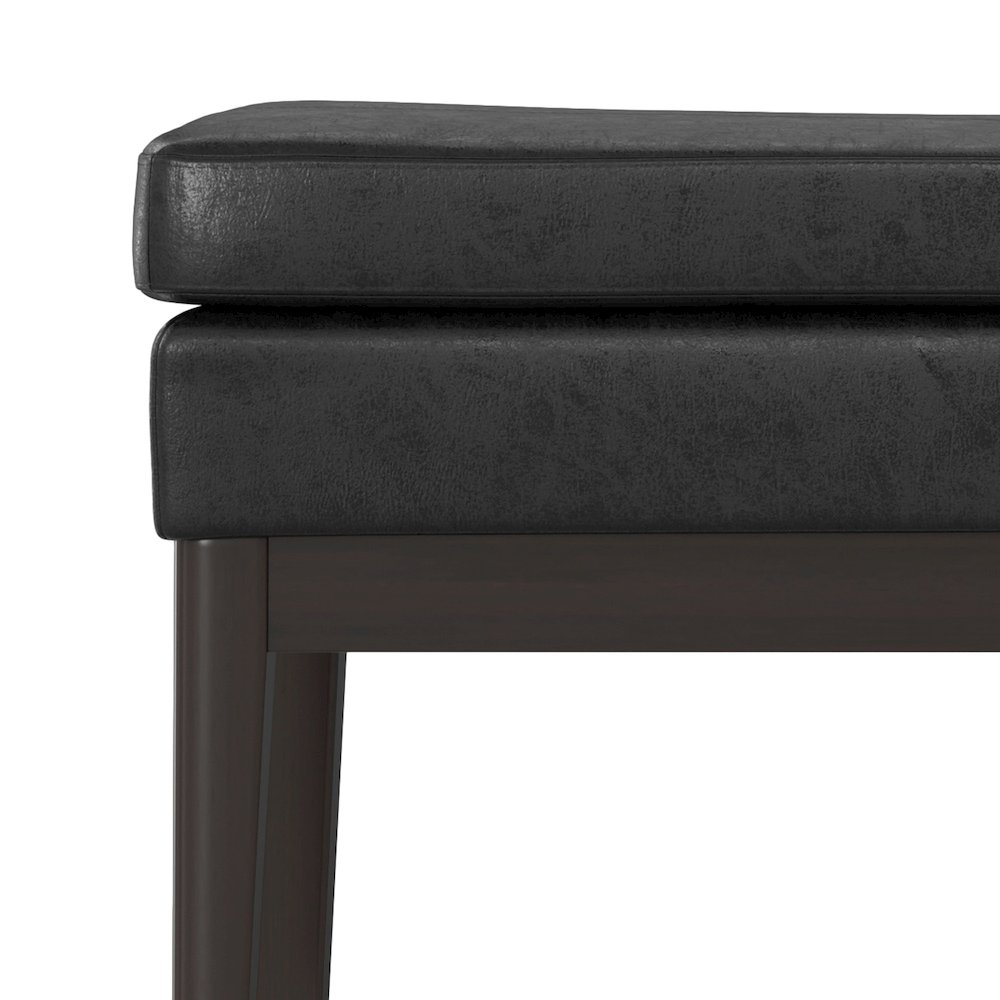 45 Inch Wide Mid Century Ottoman Bench In Distressed Black Vegan Faux Leather. Picture 4
