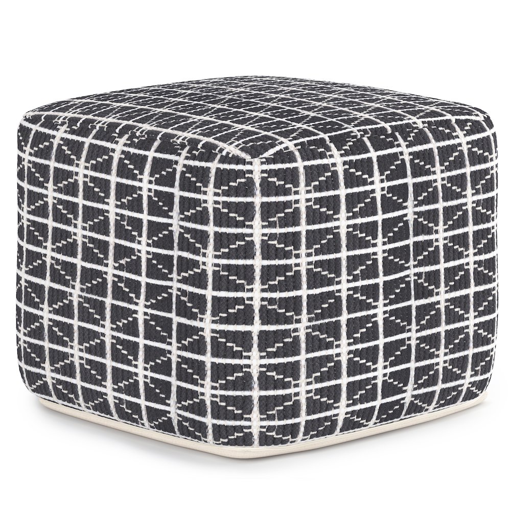 Noreen Square Pouf In Slate Grey And White Handloom Woven Pattern. Picture 1