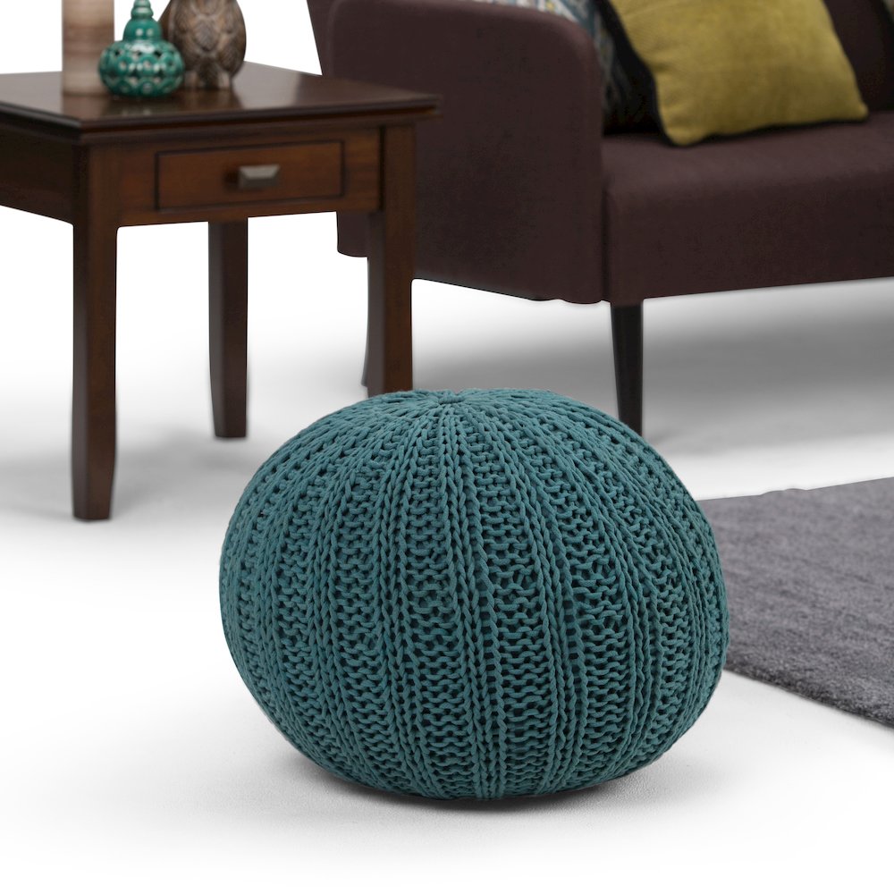 Shelby Hand Knit Round Pouf In Teal Cotton. Picture 5