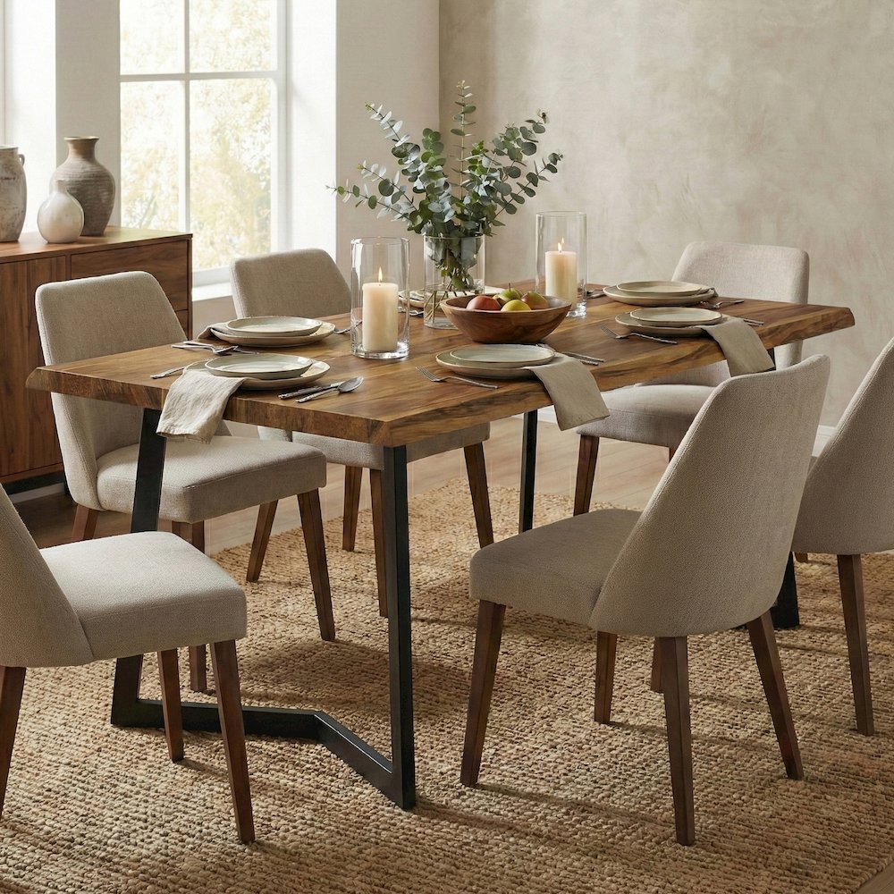 Watkins Solid Mango Wood Dining Table With Inverted Metal Base In Light Brown. Picture 4