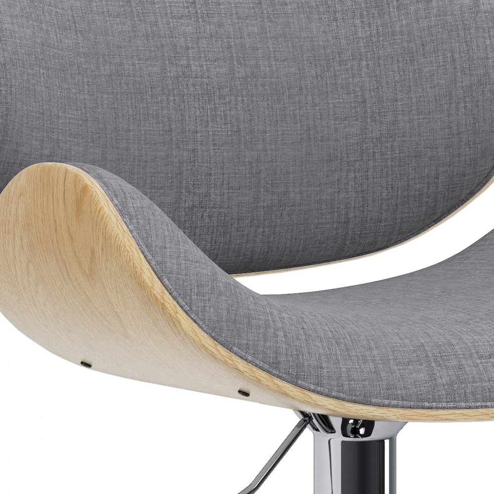 Marana Bentwood Adjustable Swivel Bar Stool In Light Grey Polyester Linen. Picture 2