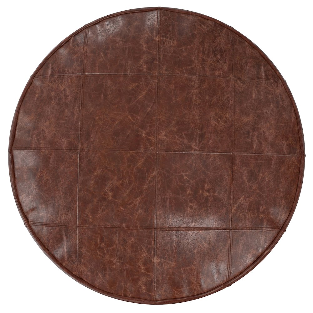 Connor 34 Inch Round Coffee Table Pouf In Distressed Brown Genuine Leather. Picture 2