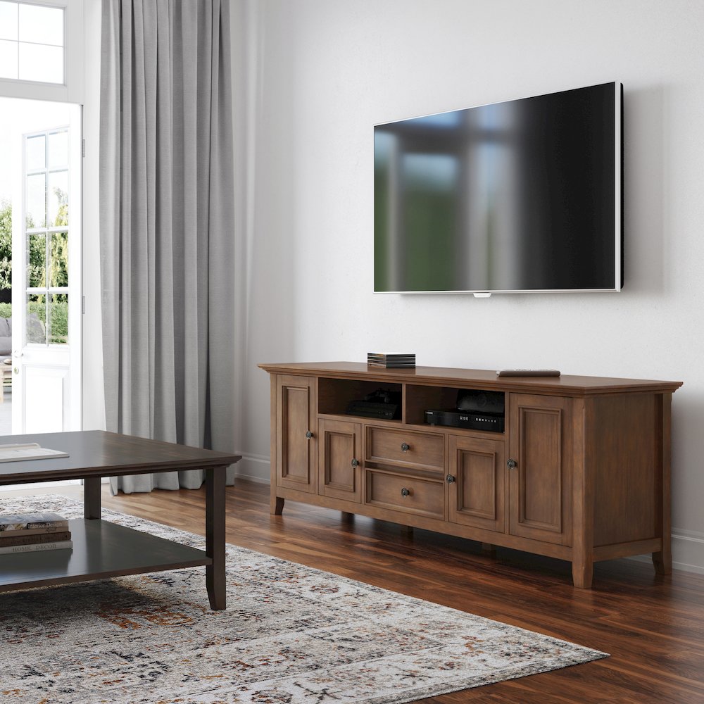72 Inch Wide Tv Media Stand In Rustic Natural Aged Brown For Tvs Up To 80 Inches. Picture 5