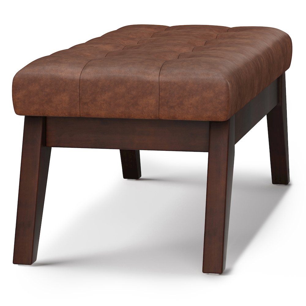 Draper Solid Wood Mid Century Tufted Ottoman Bench In Distressed Saddle Brown. Picture 3