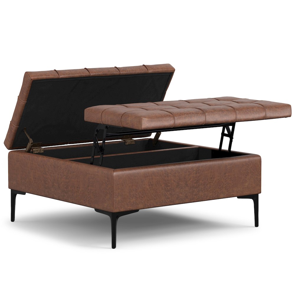 Laura Mid Century Lift Top Storage Ottoman in Distressed Saddle Brown. Picture 6