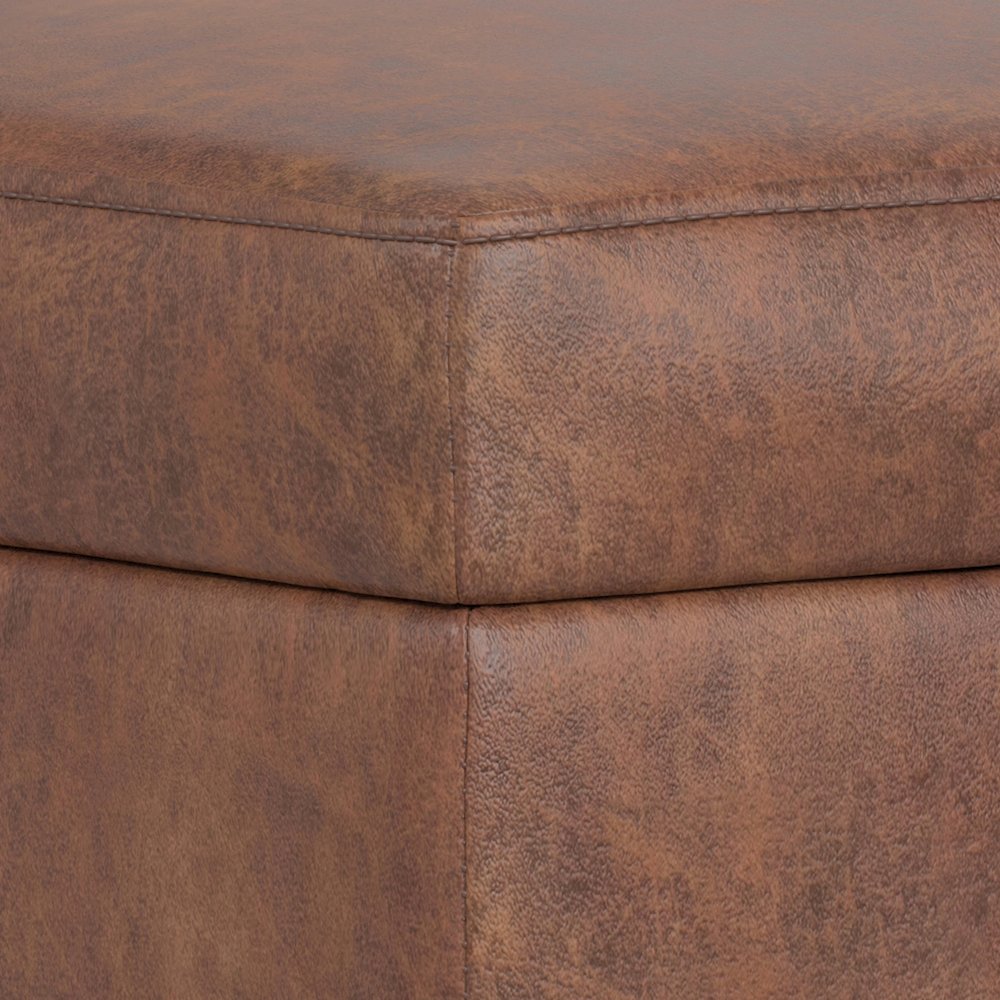 Small Storage Ottoman In Distressed Saddle Brown Vegan Faux Leather. Picture 3