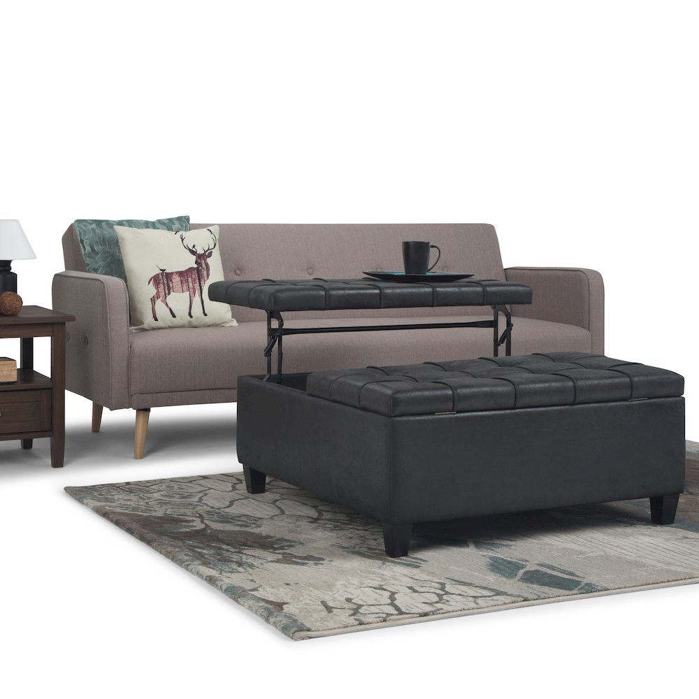 Harrison Coffee Table Storage Ottoman In Distressed Black Vegan Faux Leather. Picture 5