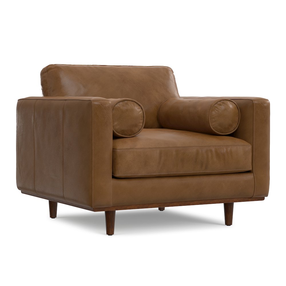 Mid-Century Modern Accent Chair In Caramel Brown Top Grain Genuine Leather. Picture 1