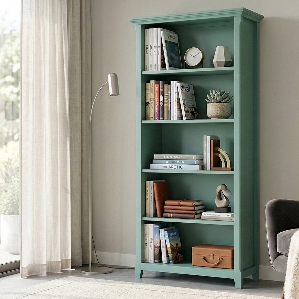 Amherst 30 inch x 70 inch Solid Wood Transitional 5 Shelf Bookcase in Sage Green. Picture 2
