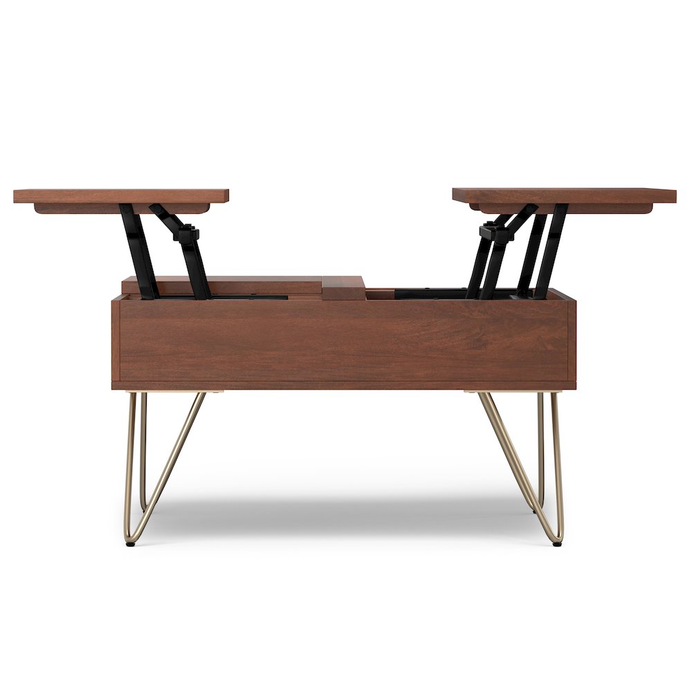 Hunter Solid Mango Wood Lift Top Square Coffee Table In Umber Brown, Gold. Picture 4