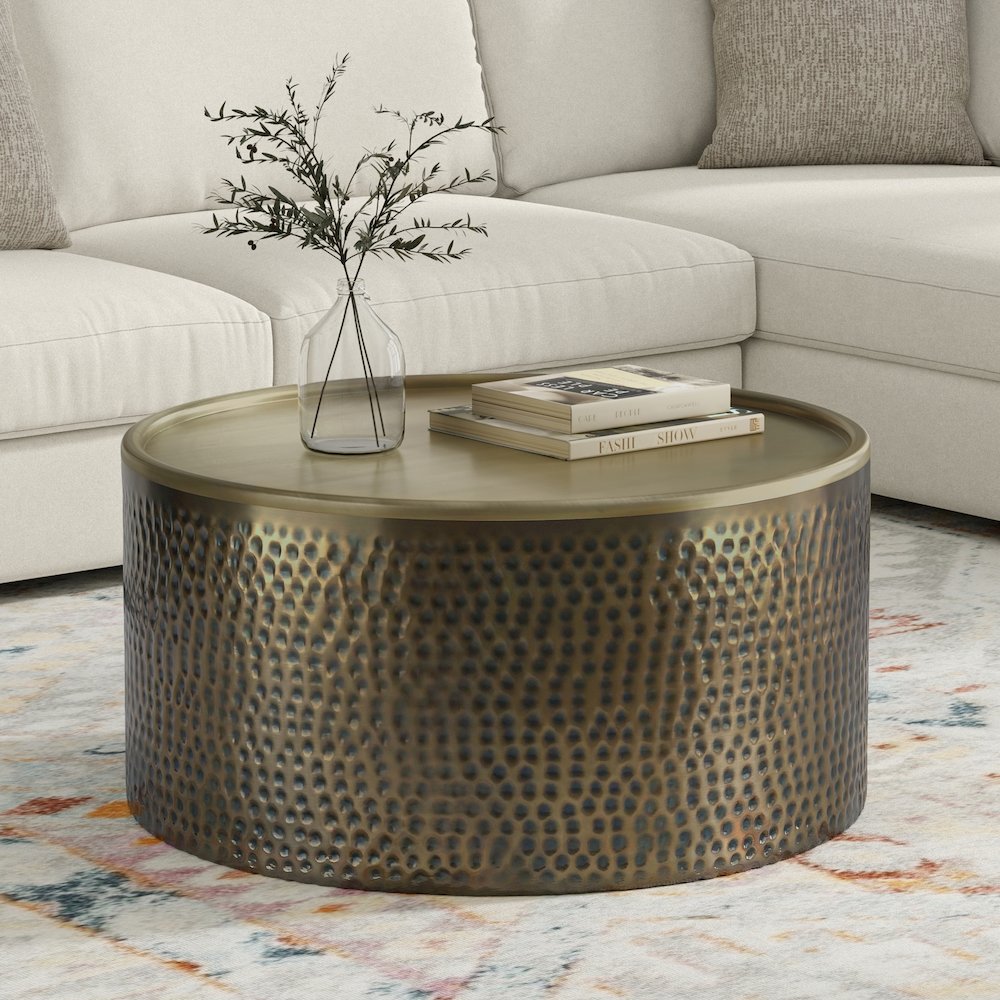 32 inch Wide Boho Contemporary Coffee Table in Hammered Antique Gold Iron. Picture 6